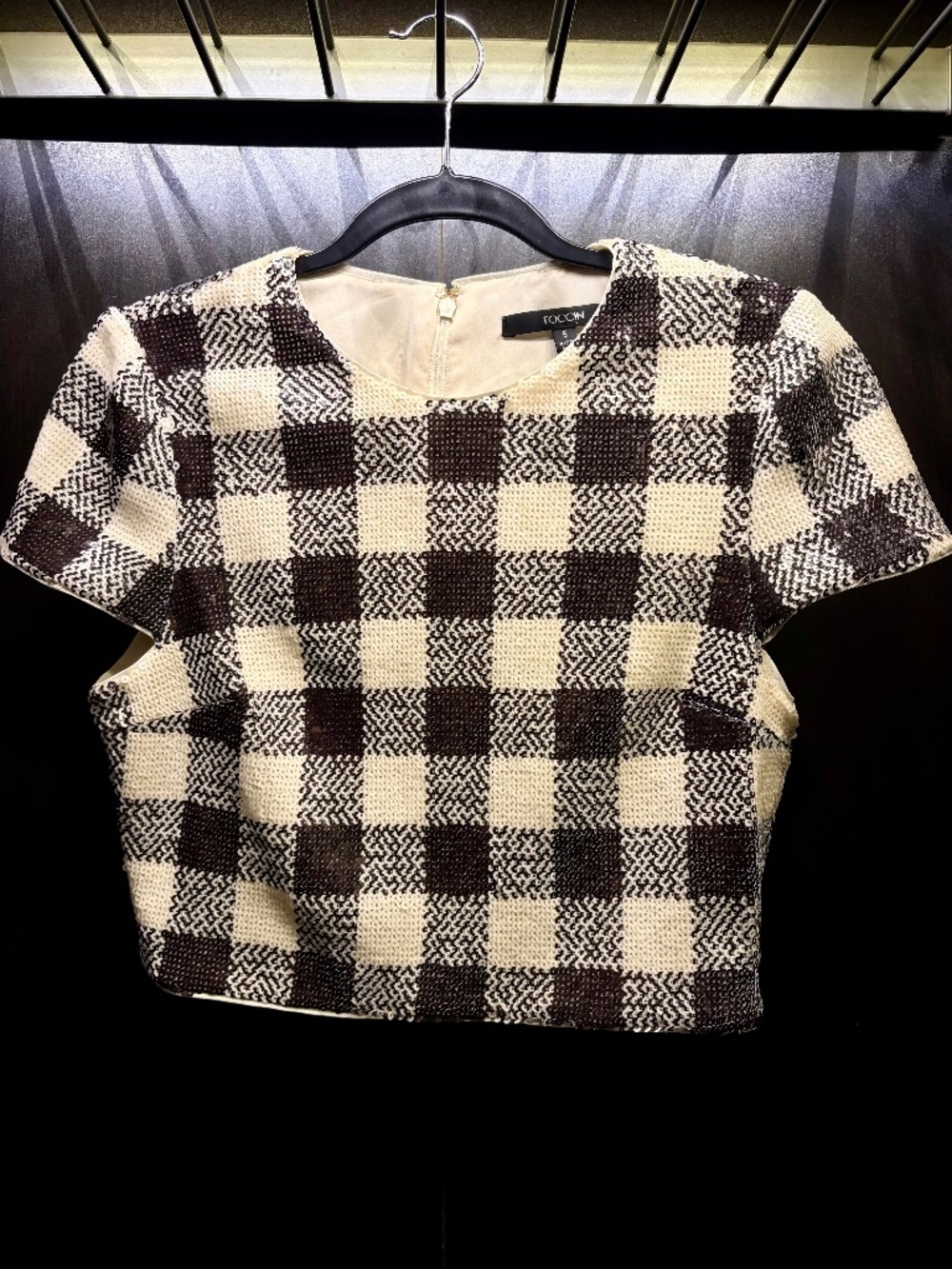 Toccin Elena Sequined Gingham Checkered Crop Top Size 6 Black Cream Blouse